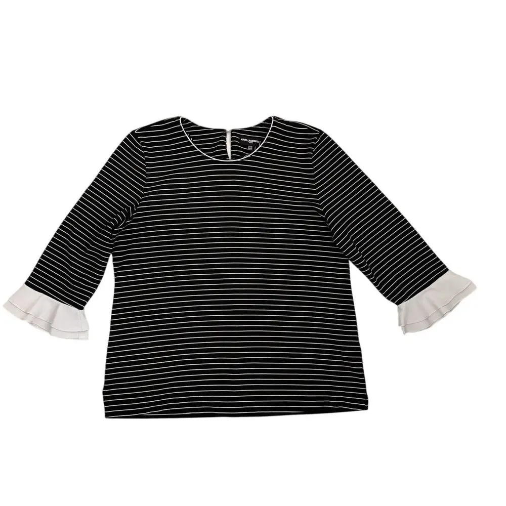 Karl Lagerfeld Striped Bell Sleeve Oversized Blouse Black White Size XL